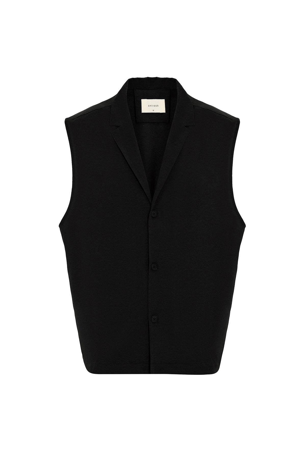 Antioch-Siyah Keten Karışımlı Kolsuz Erkek Gömlek-Gömlek-6-Milagron.com