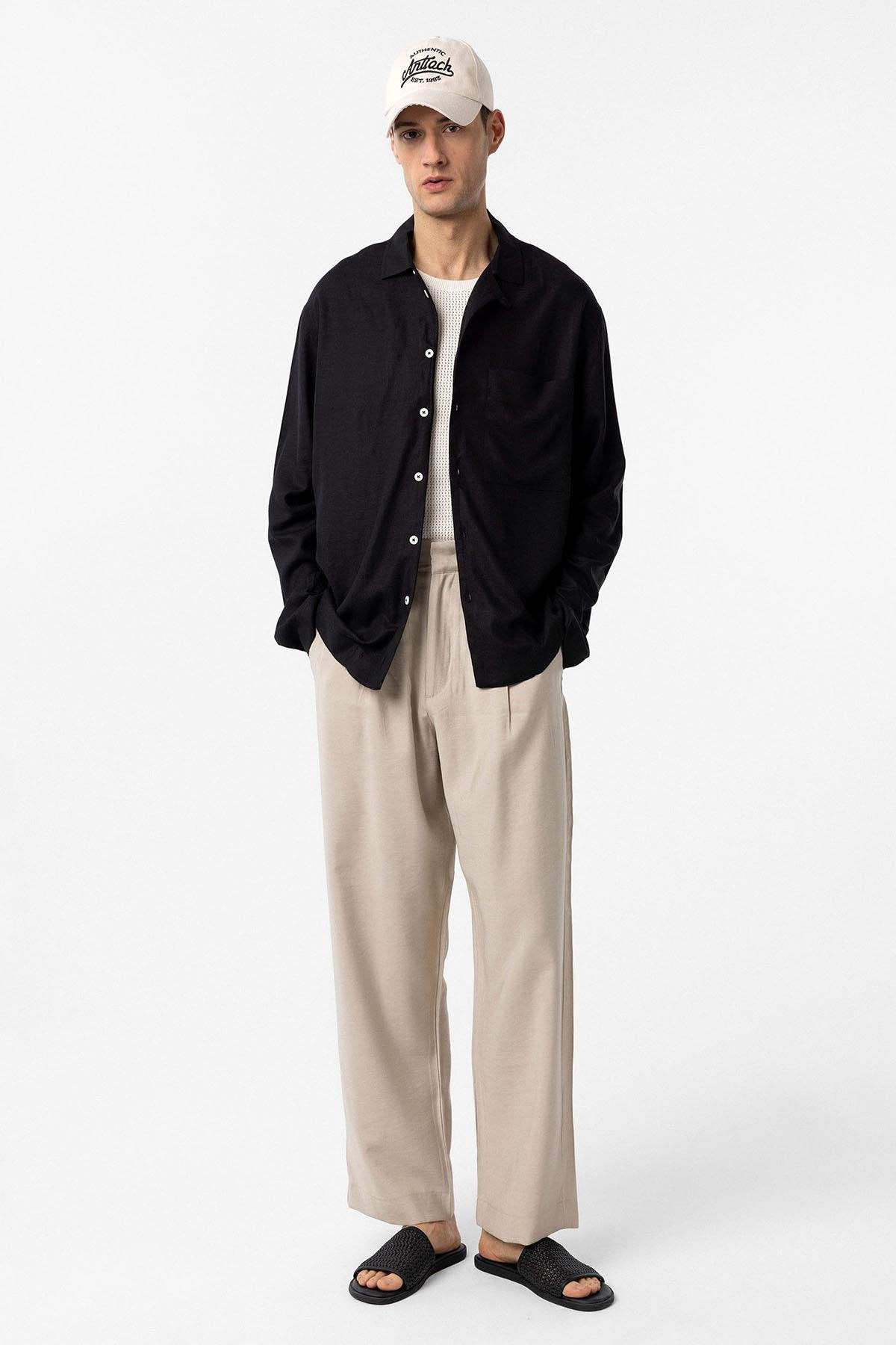 Antioch-Siyah Keten Karışımlı Relax Fit Erkek Gömlek-Gömlek-2-Milagron.com