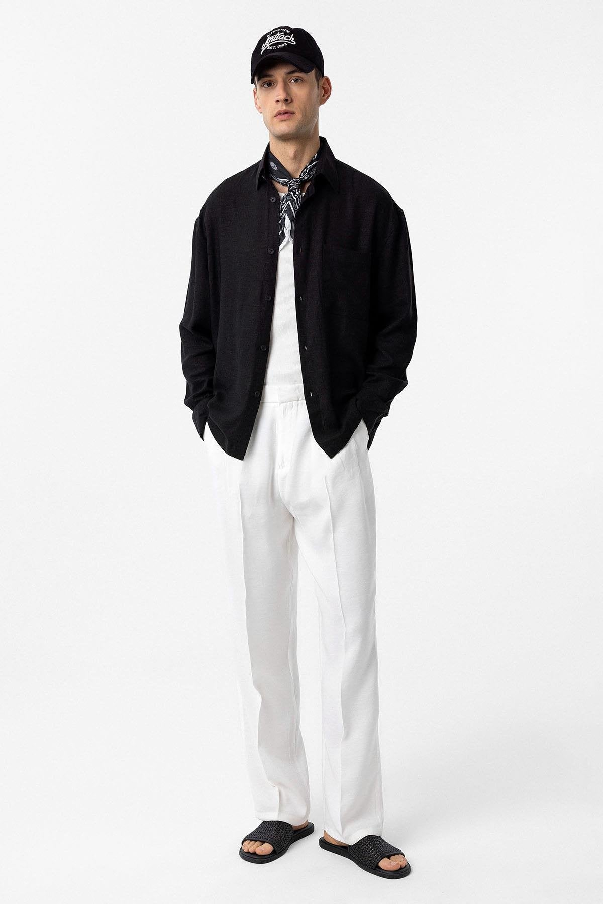 Antioch-Siyah Keten Karışımlı Relax Fit Erkek Gömlek-Gömlek-7-Milagron.com