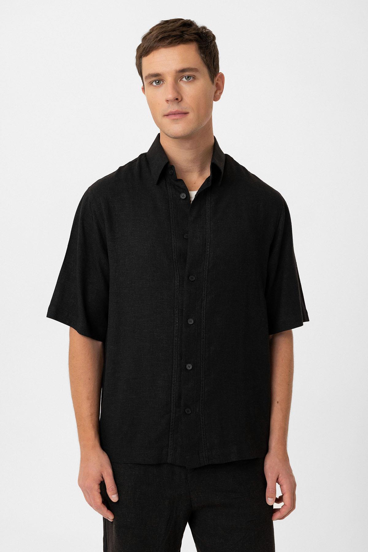 Antioch-Siyah Keten Karışımlı Relaxed Erkek Gömlek-Gömlek-1-Milagron.com