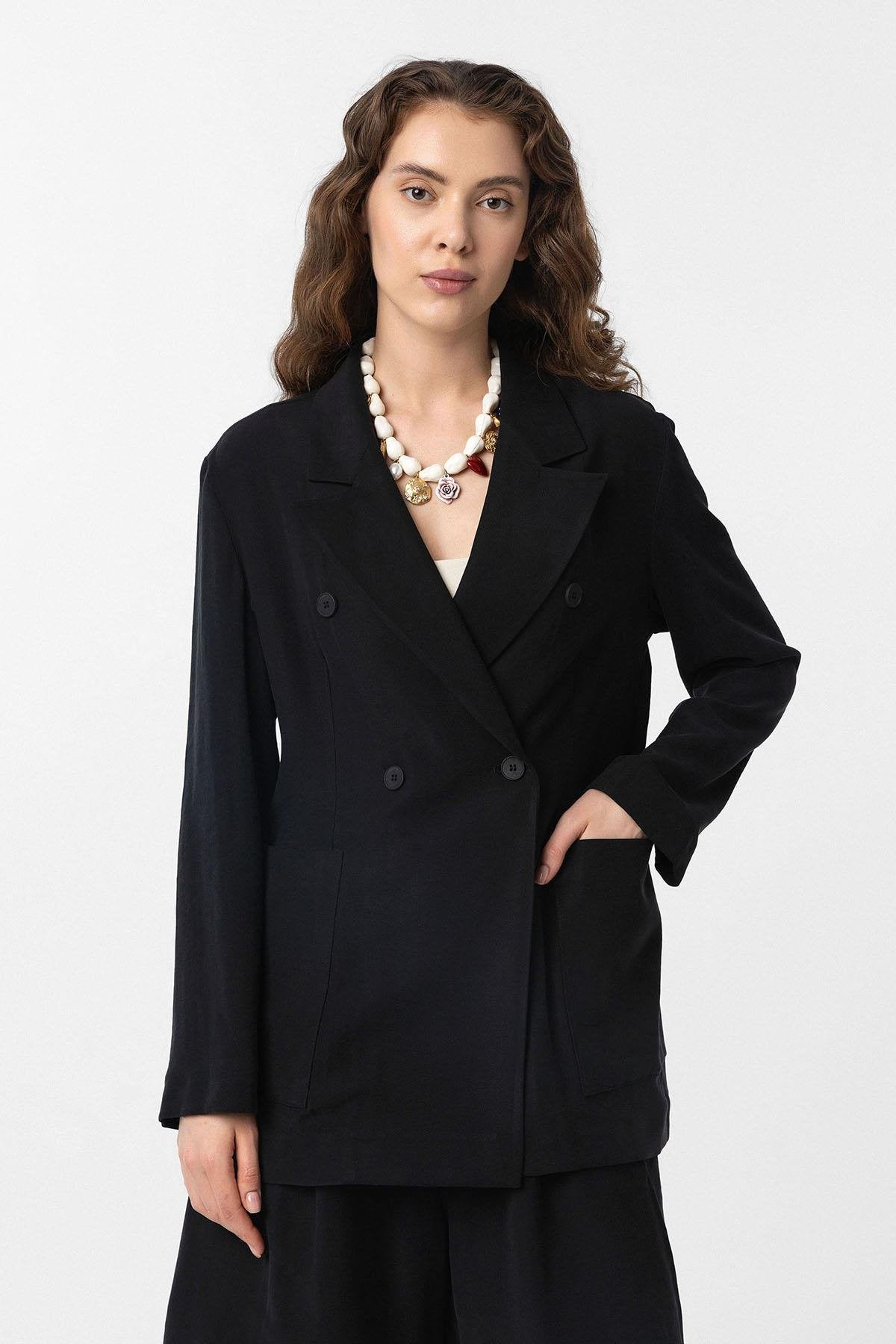 Antioch-Siyah Kruvaze Kadın Blazer Ceket-Blazer Ceket-1-Milagron.com