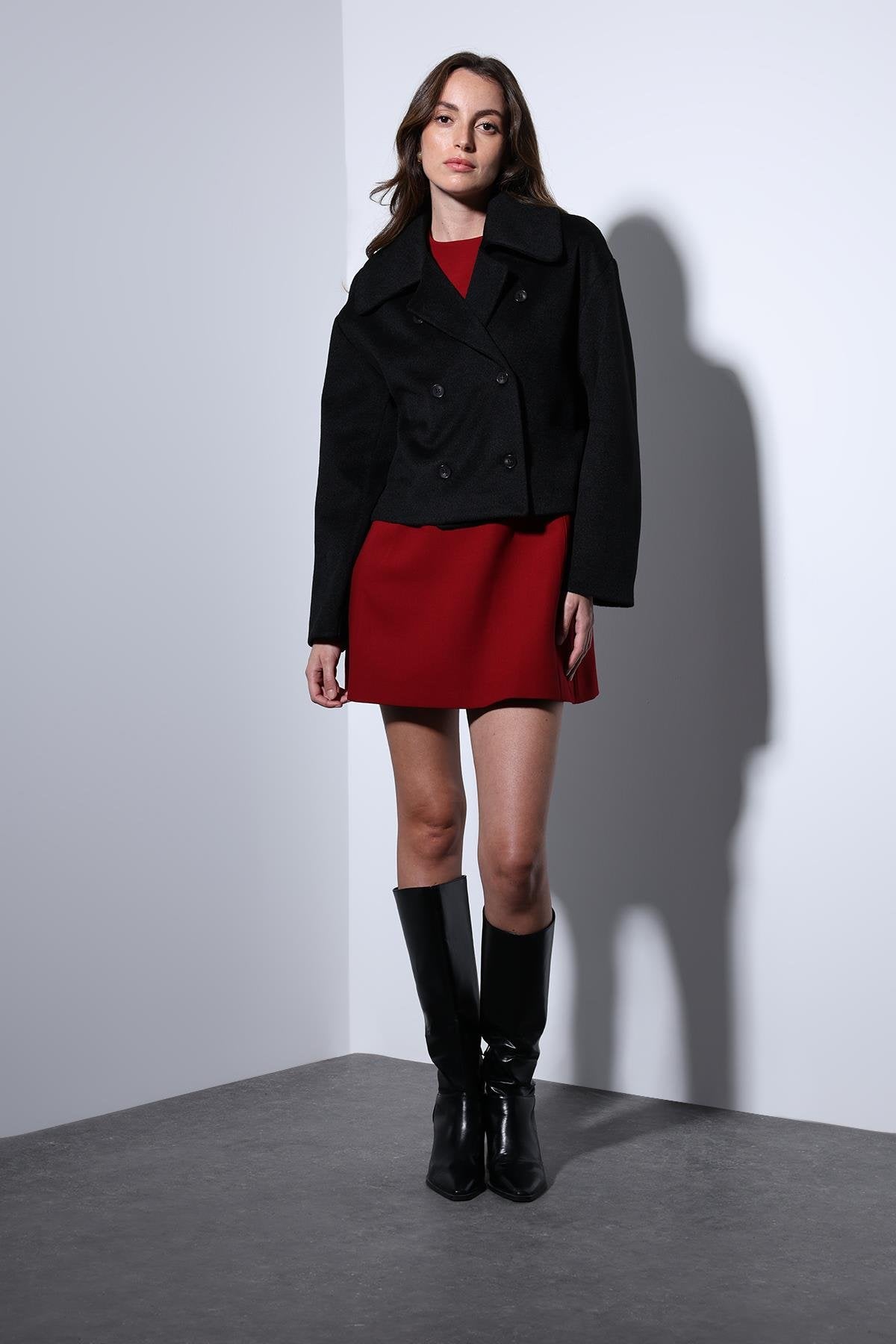 Antioch-Antioch Siyah Kruvaze Kadın Kısa Kaban-Kaban-4-Milagron.com