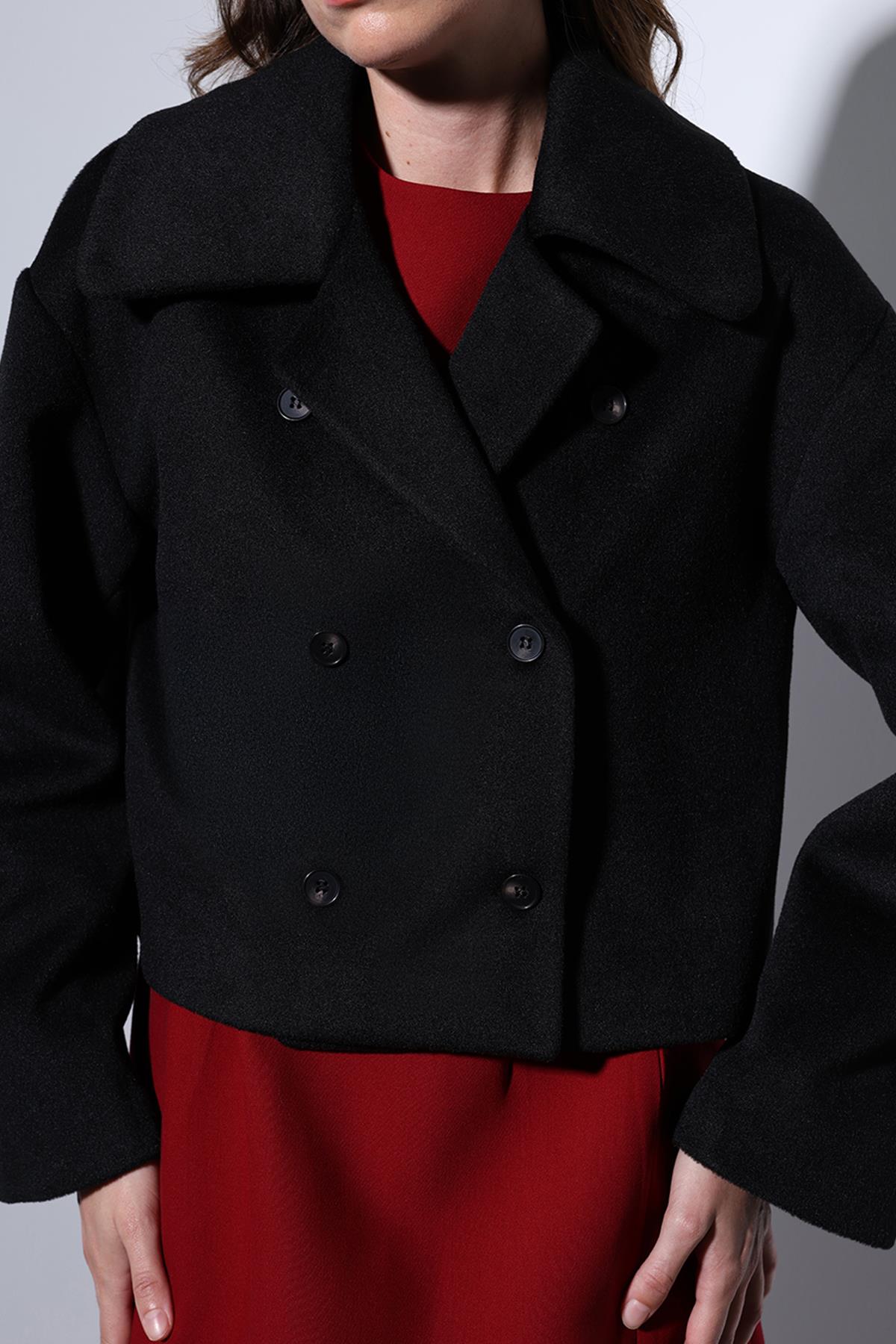 Antioch-Antioch Siyah Kruvaze Kadın Kısa Kaban-Kaban-5-Milagron.com