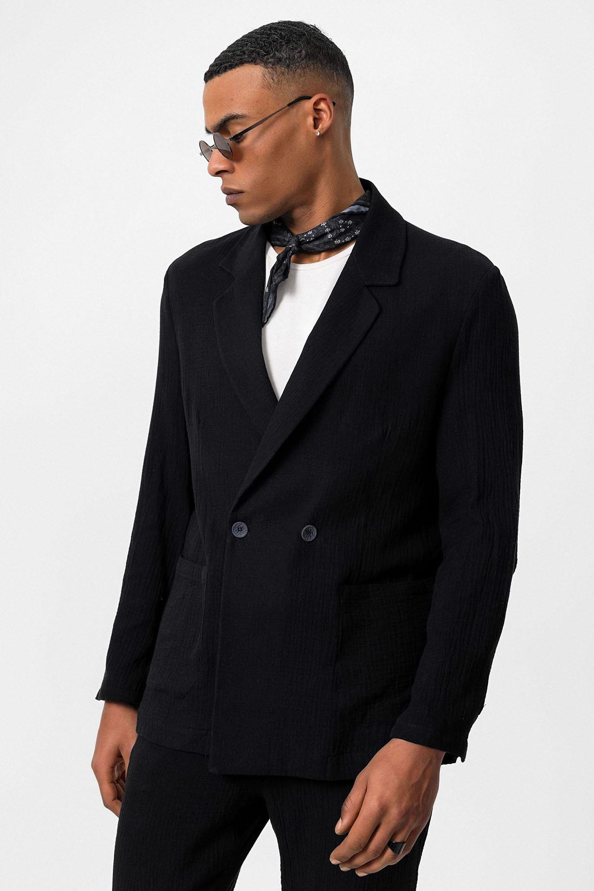 Antioch-Siyah Kruvaze Kapama Astarsız Erkek Blazer Ceket-Blazer Ceket-5-Milagron.com