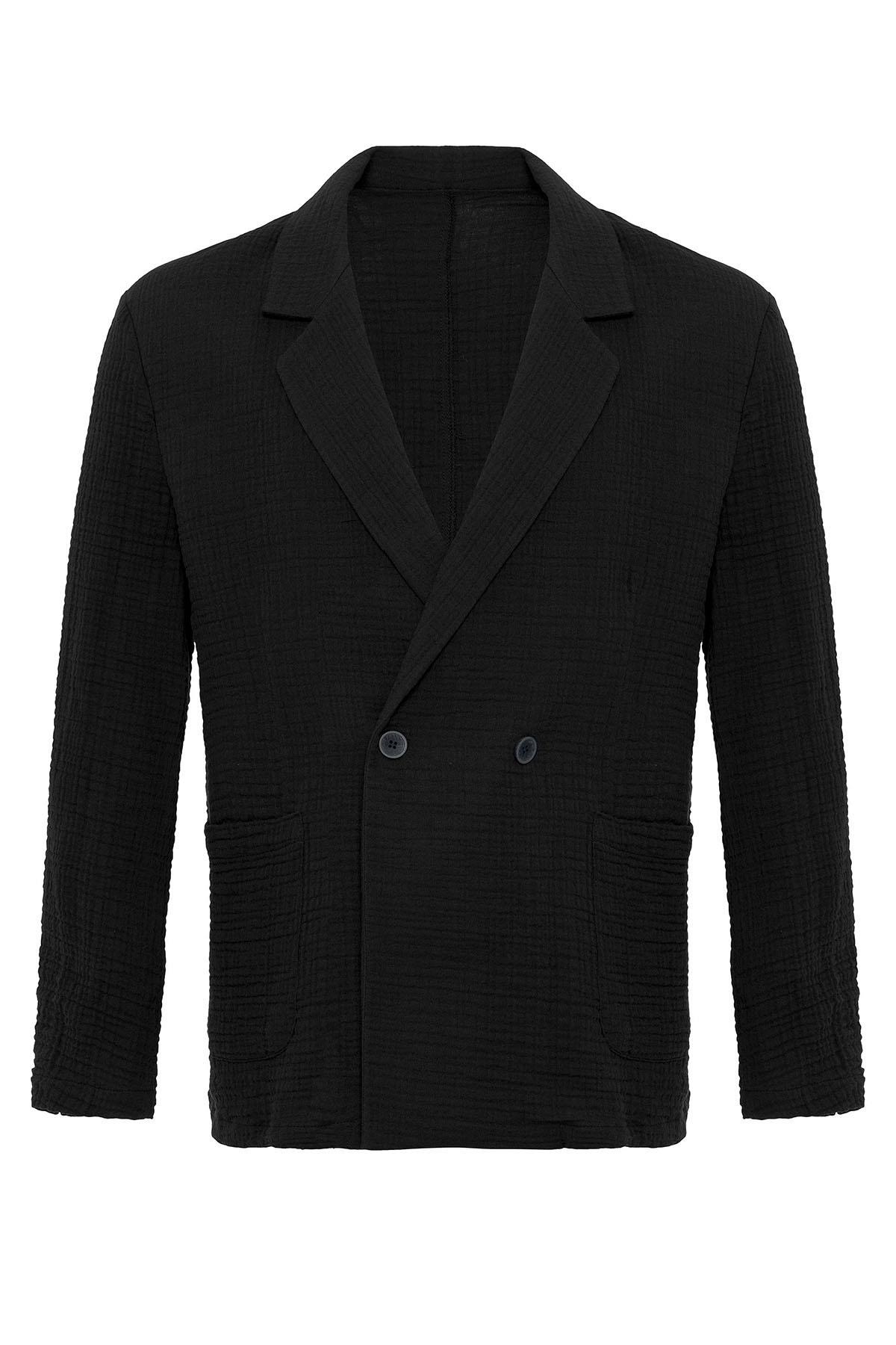 Antioch-Siyah Kruvaze Kapama Astarsız Erkek Blazer Ceket-Blazer Ceket-7-Milagron.com