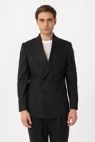 Antioch-Siyah Kruvaze Kapama İtalyan Kesim Yün Karışımlı Çizgili Erkek Teknik Takım-Takım Elbise-4-Milagron.com