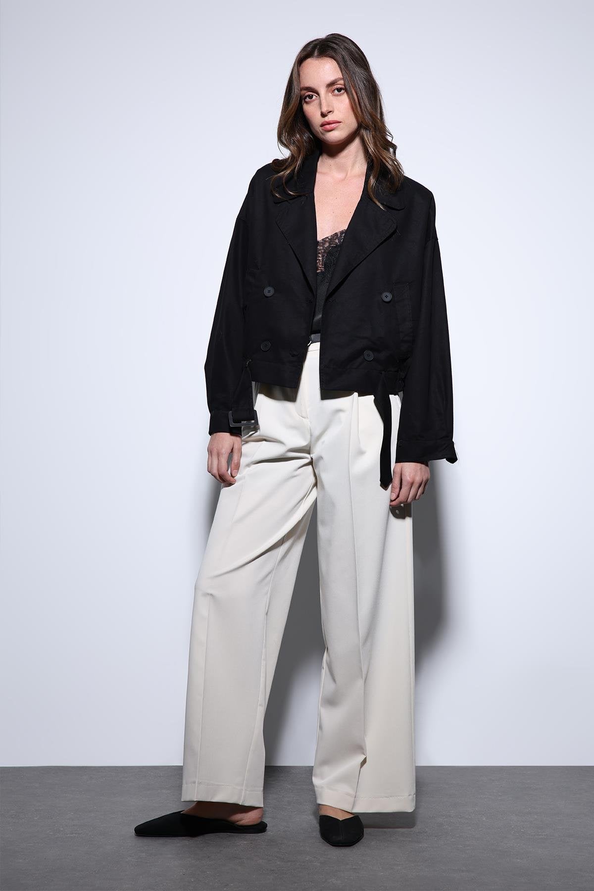 Antioch-Antioch Siyah Kruvaze Kısa Kadın Trençkot-Trençkot-4-Milagron.com