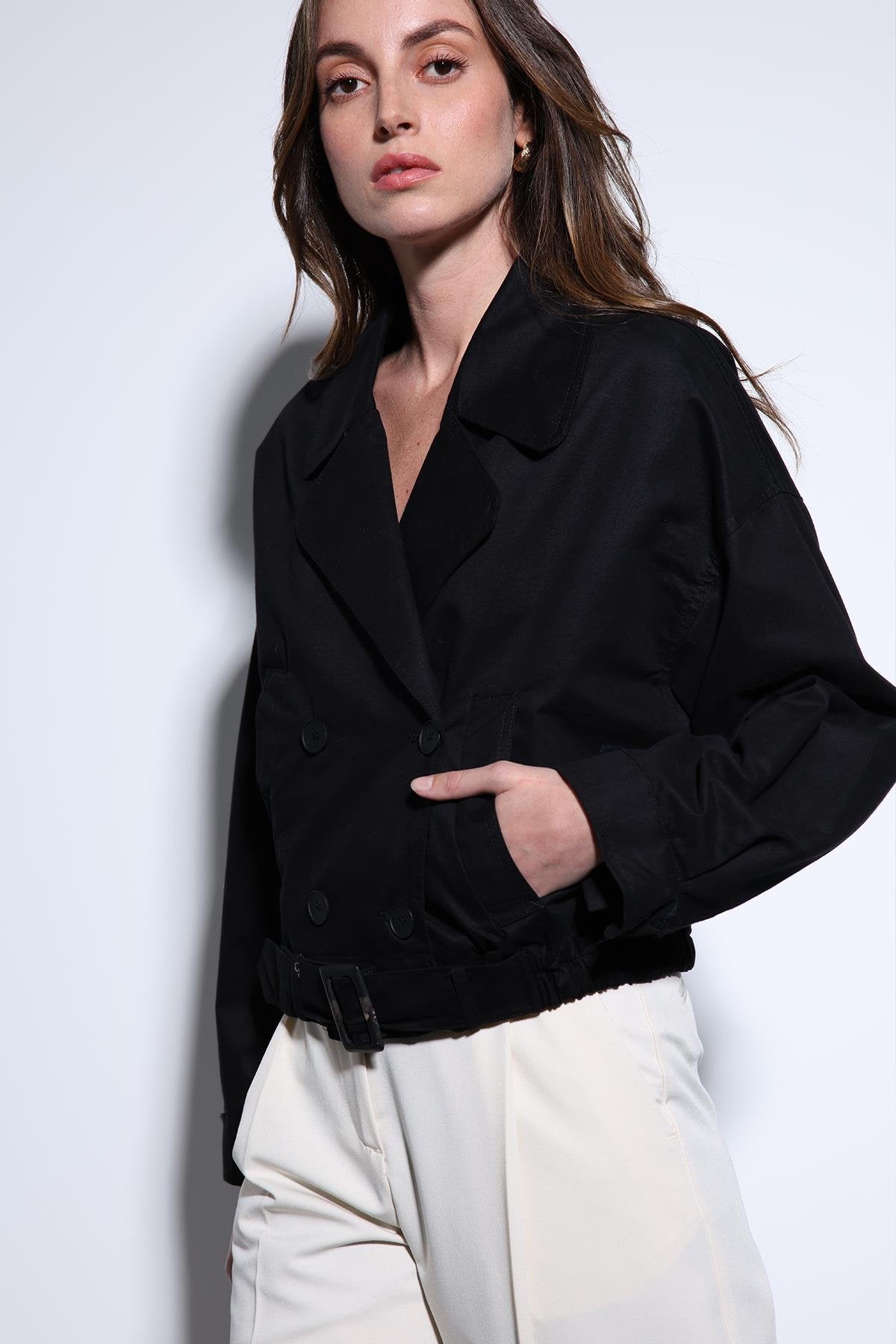 Antioch-Antioch Siyah Kruvaze Kısa Kadın Trençkot-Trençkot-5-Milagron.com