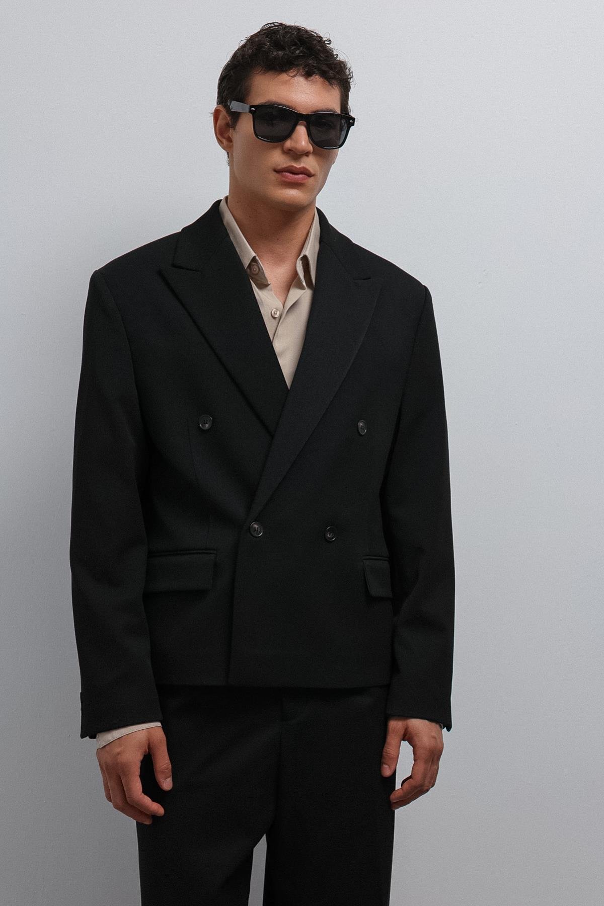 Antioch-Siyah Kruvaze Relax Crop Fit Blazer Ceket-Blazer Ceket-1-Milagron.com