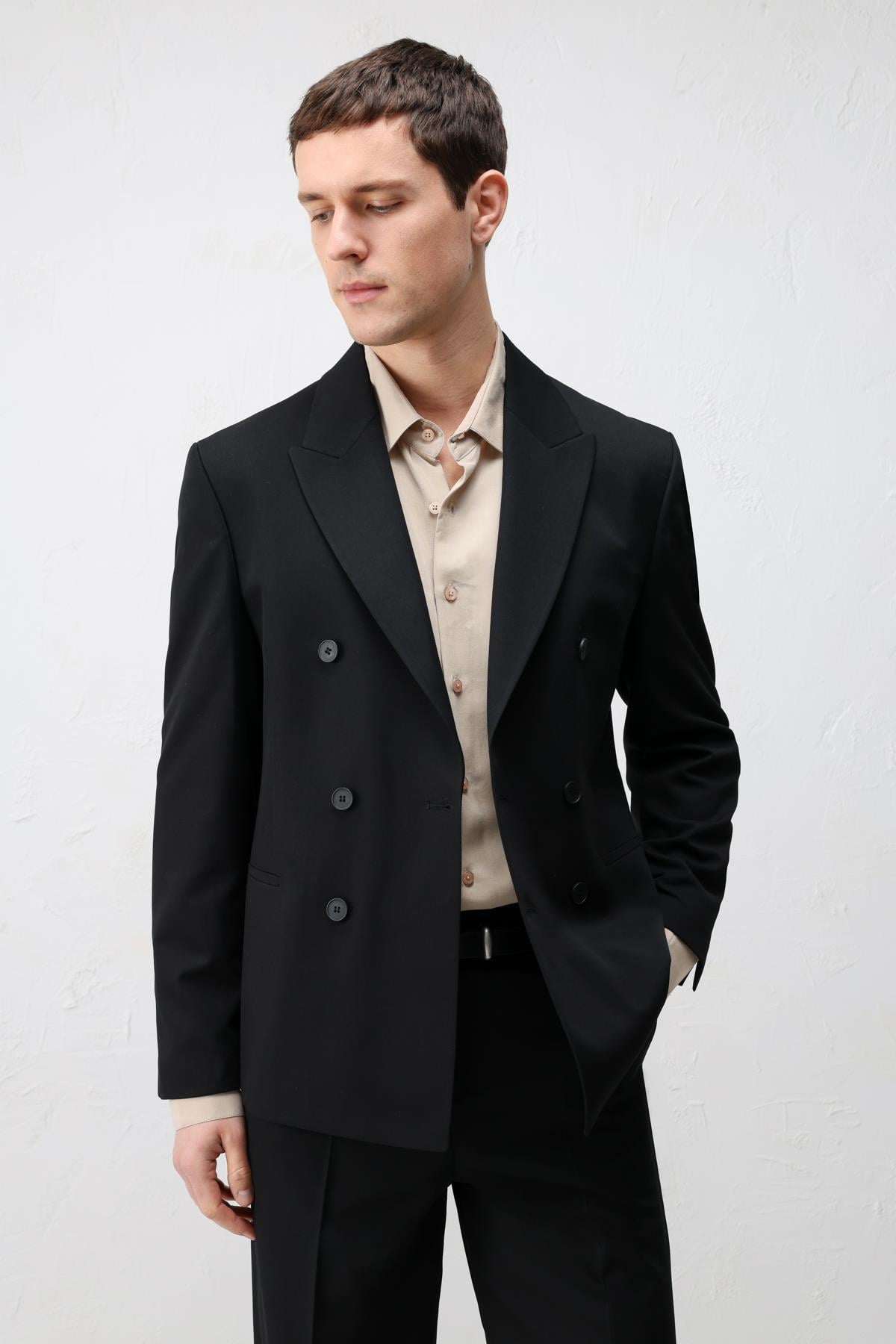 Antioch Siyah Kruvaze Relaxed Fit Erkek Blazer Ceket