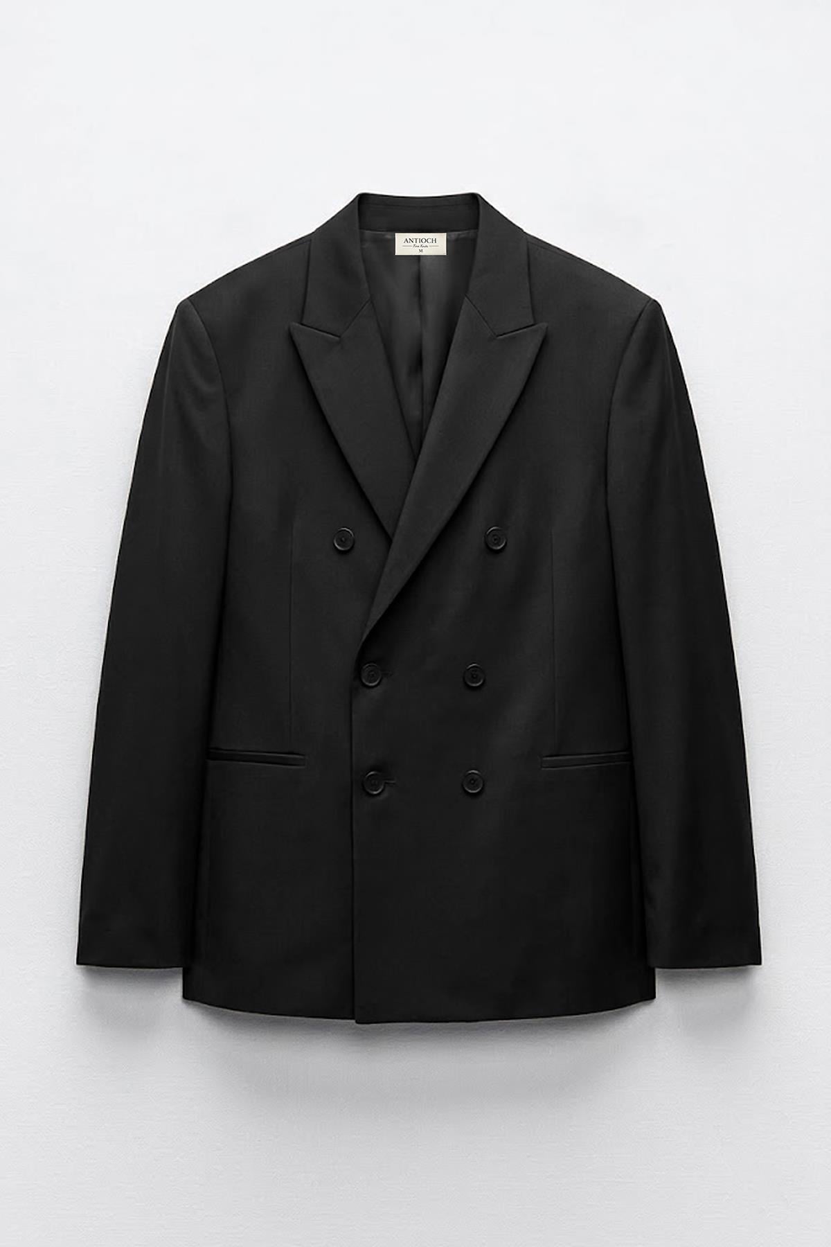 Antioch Siyah Kruvaze Relaxed Fit Erkek Blazer Ceket