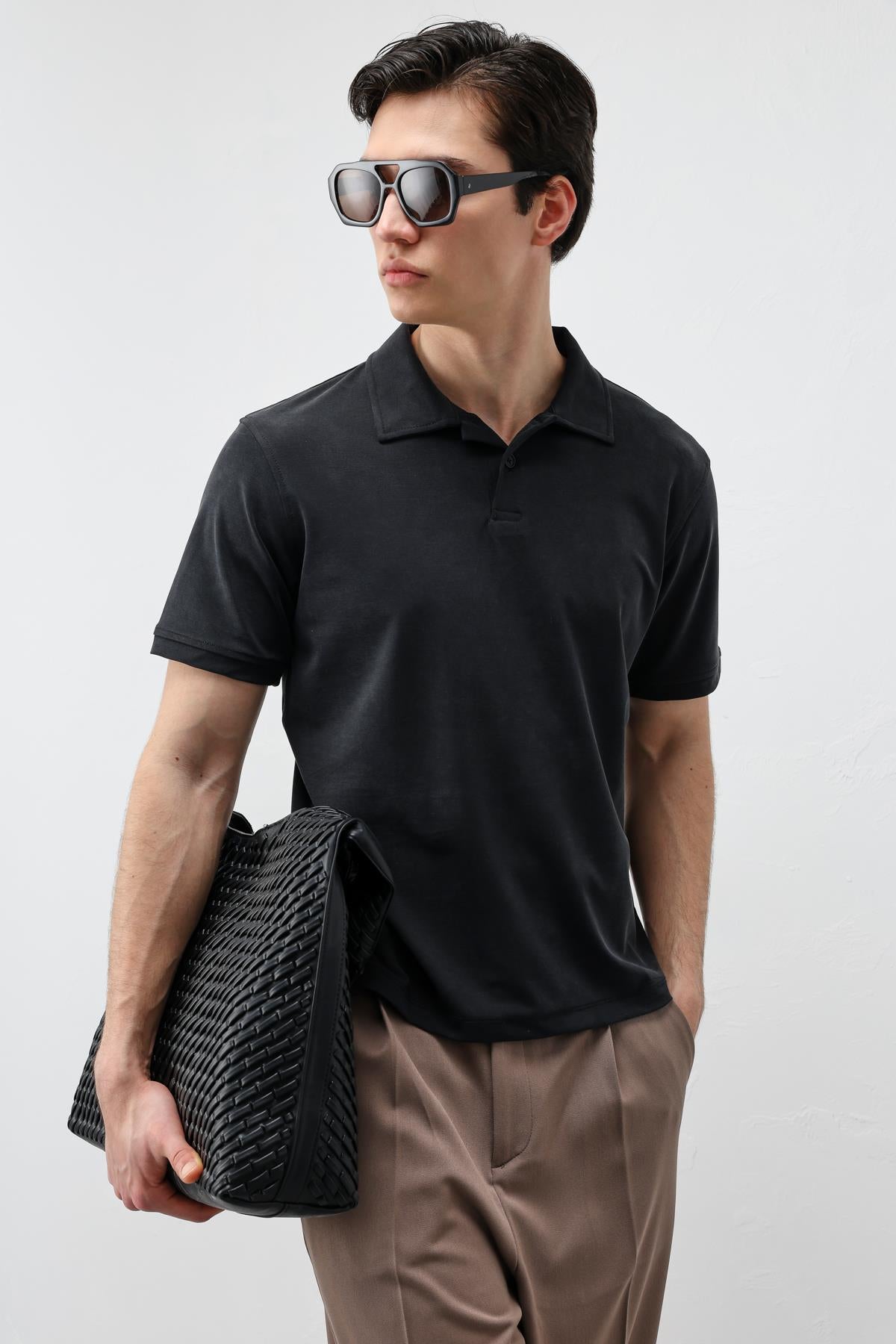 Antioch Siyah Lyocell Karışımlı Polo Yaka Erkek T-Shirt