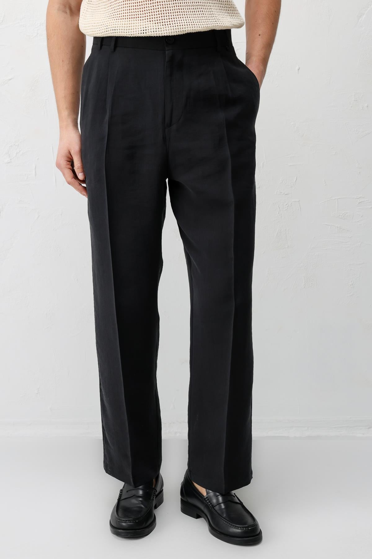 Antioch Siyah Lyocell Relaxed Fit Pileli Erkek Pantolon