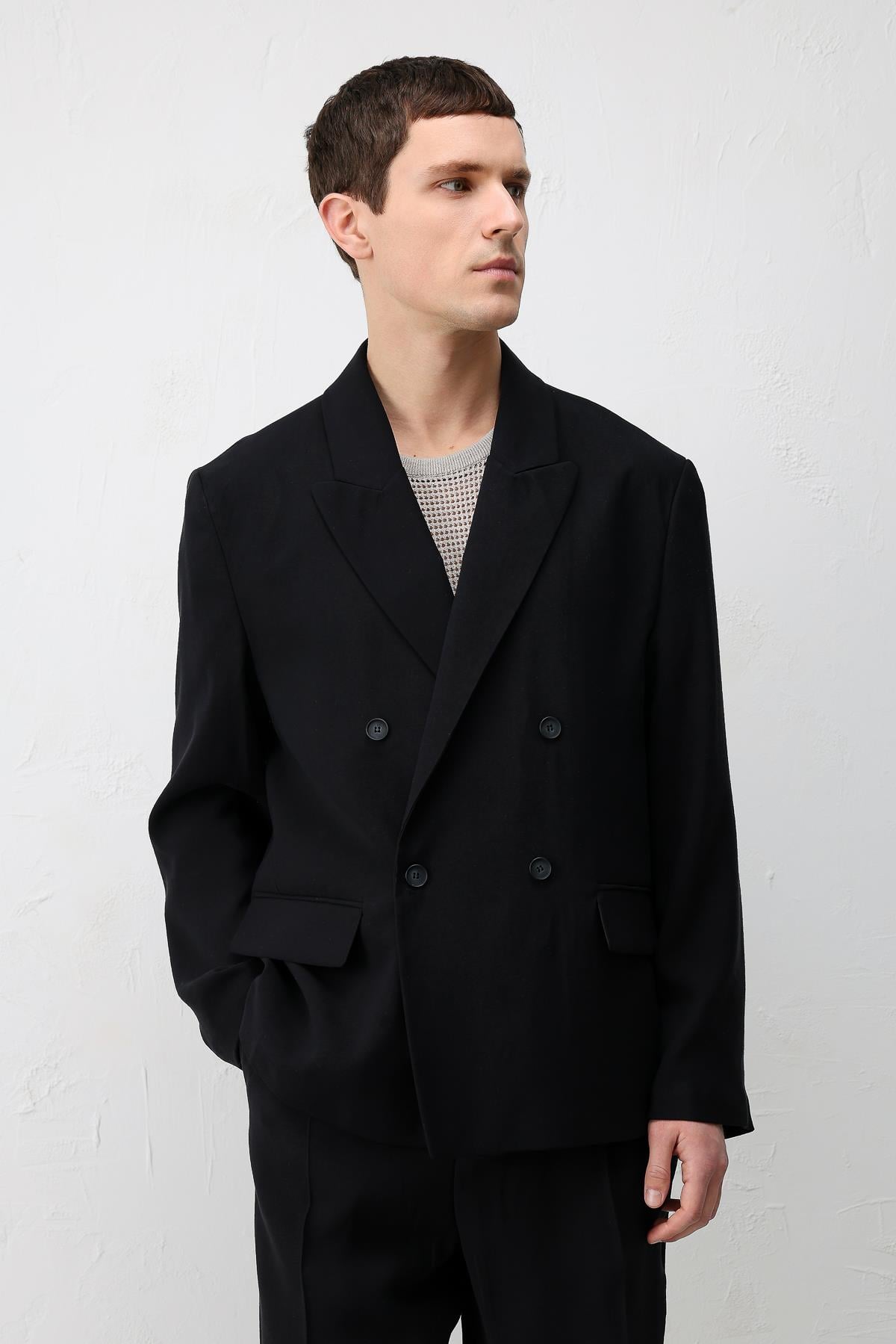 Antioch Siyah Modal Karışımlı Relaxed Fit Erkek Blazer Ceket
