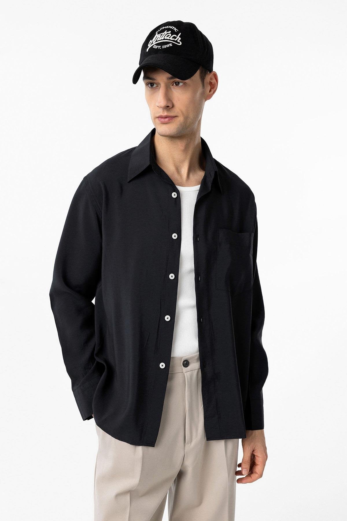 Antioch-Siyah Modal Kumaş Relax Fit Erkek Gömlek-Gömlek-1-Milagron.com