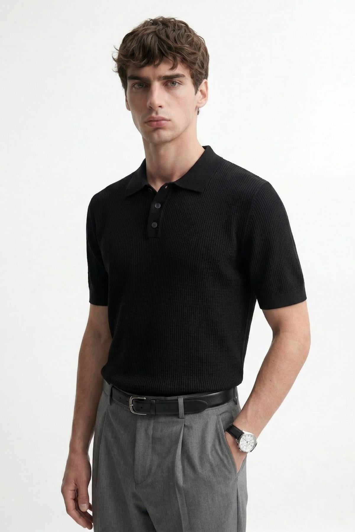 Antioch Siyah Örgü Dokulu Polo Yaka Erkek T-Shirt