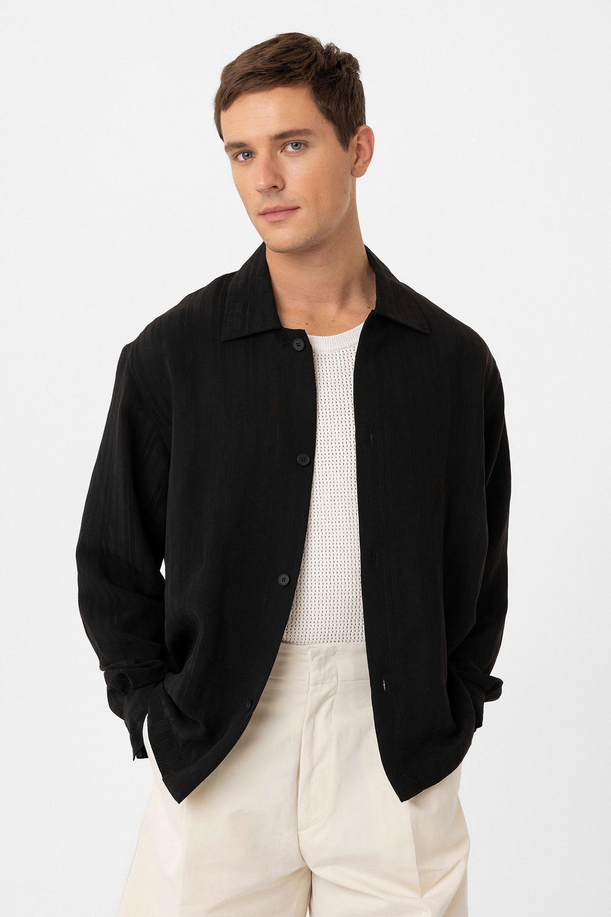 Antioch-Siyah Oversize Dokulu Erkek Gömlek-Gömlek-1-Milagron.com