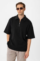 Antioch-Siyah Oversize Polo Yaka Fermuarlı Erkek T Shirt-T-Shirts-1-Milagron.com