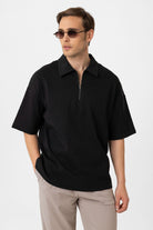 Antioch-Siyah Oversize Polo Yaka Fermuarlı Erkek T Shirt-T-Shirts-2-Milagron.com