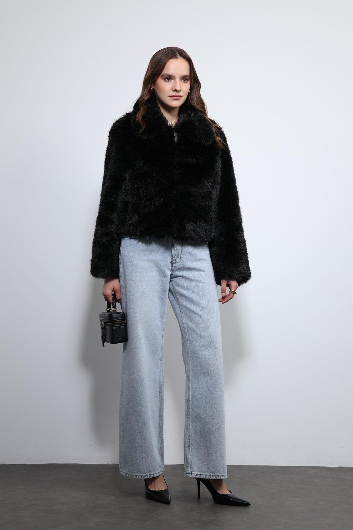 Antioch-Siyah Peluş Görünümlü Mont-Mont-2-Milagron.com