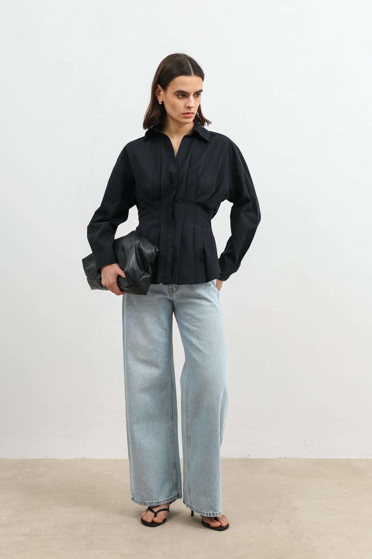 Antioch Siyah Pilili Poplin Kadın Gömlek