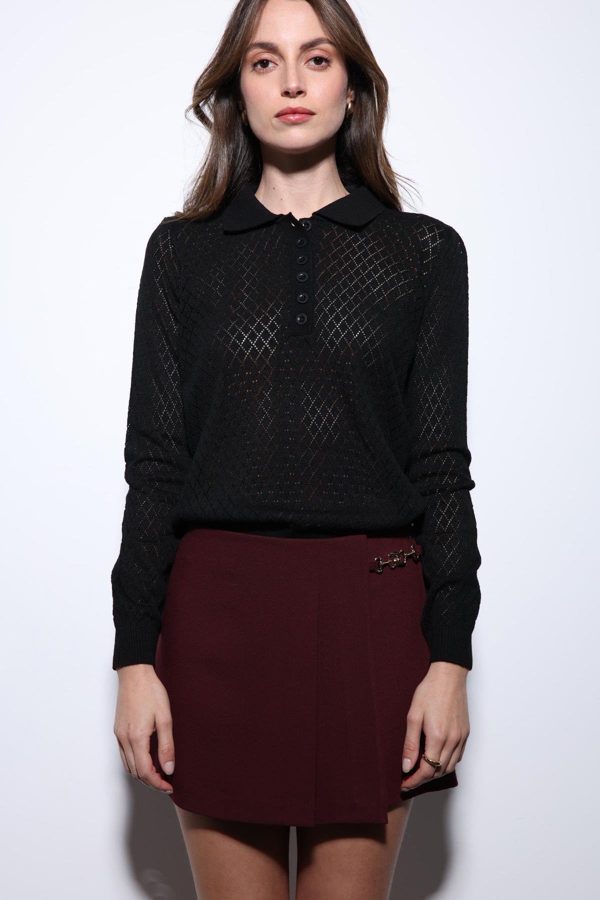 Antioch-Siyah Polo Yaka Desenli Triko Kadın Kazak-Kazak-2-Milagron.com