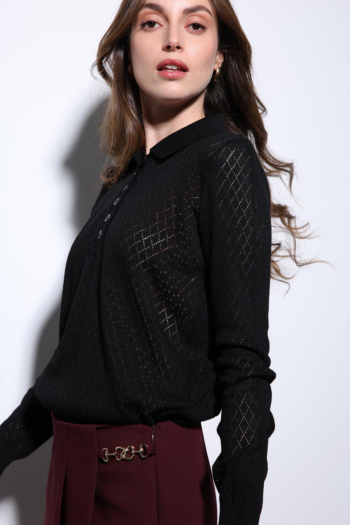 Antioch-Siyah Polo Yaka Desenli Triko Kadın Kazak-Kazak-6-Milagron.com