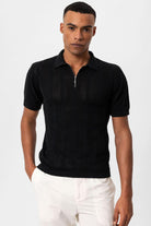 Antioch-Siyah Polo Yaka Fermuarlı Örme Erkek T Shirt-T-Shirts-1-Milagron.com