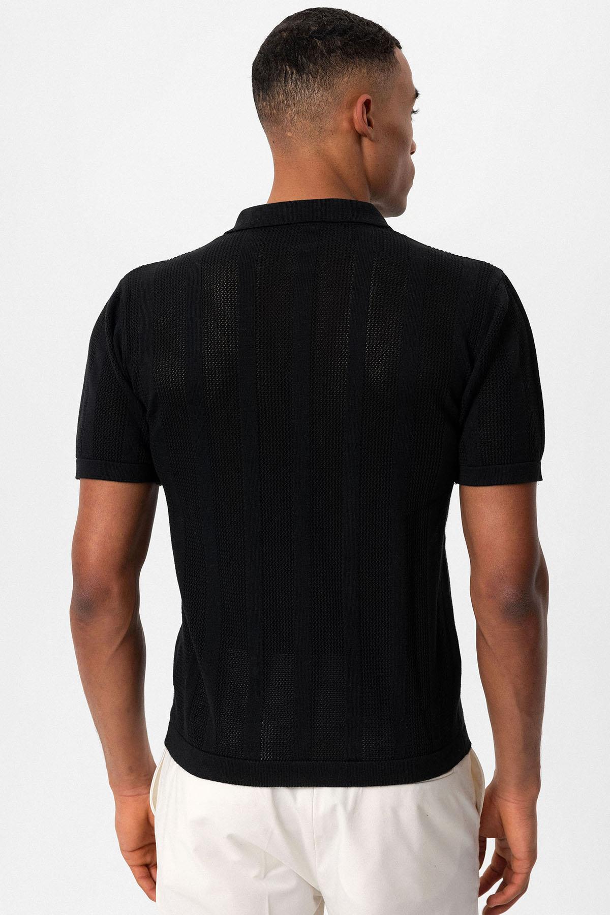 Antioch-Siyah Polo Yaka Fermuarlı Örme Erkek T Shirt-T-Shirts-6-Milagron.com
