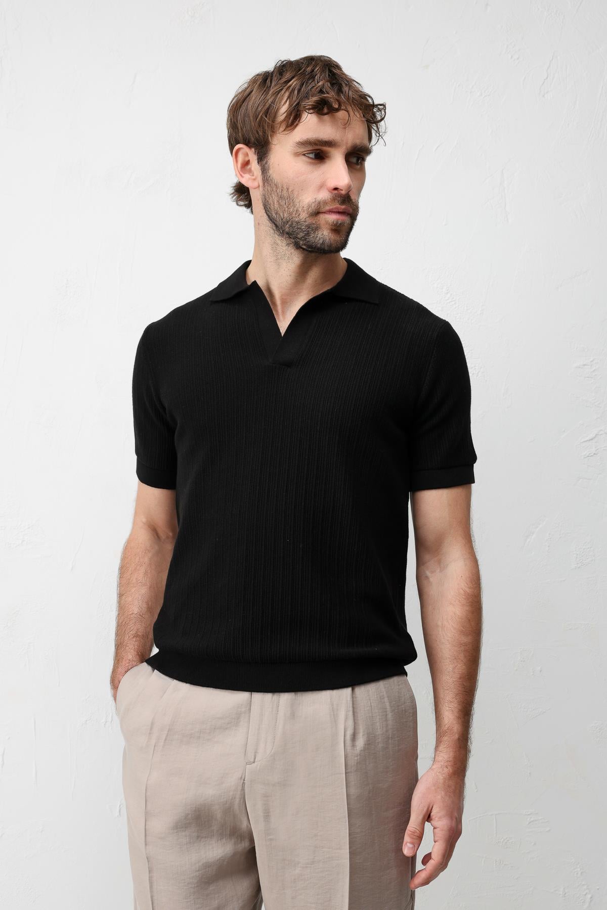Antioch Siyah Premium Dokulu Erkek Triko T-Shirt