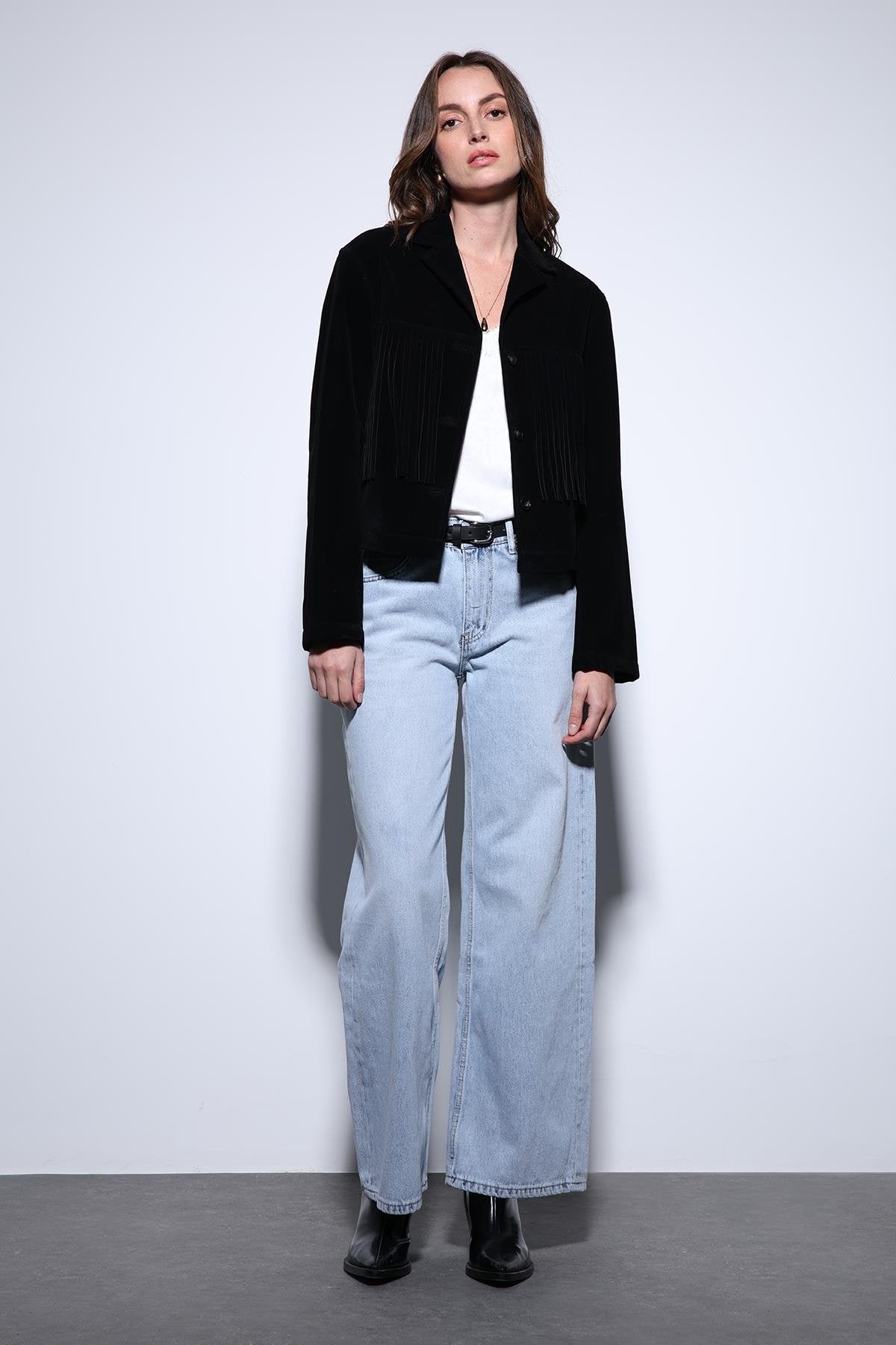 Antioch-Antioch Siyah Püskül Detaylı Süet Kadın Ceket-Ceket-4-Milagron.com