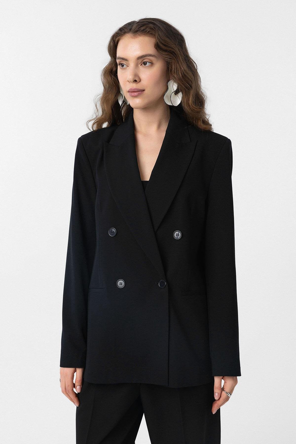 Antioch-Siyah Regular Fit Kruvaze Kadın Blazer Ceket-Blazer Ceket-1-Milagron.com