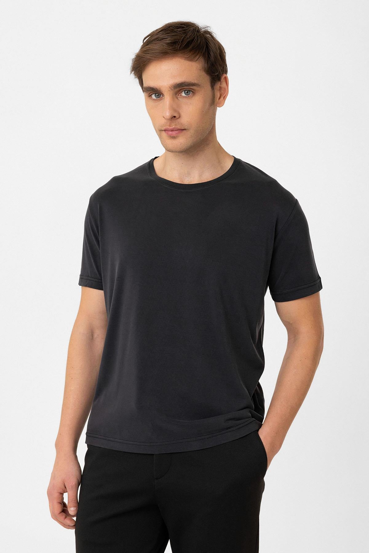 Antioch-Siyah Regular Fit Modal Teknik Kumaş Erkek T Shirt-T-Shirts-3-Milagron.com
