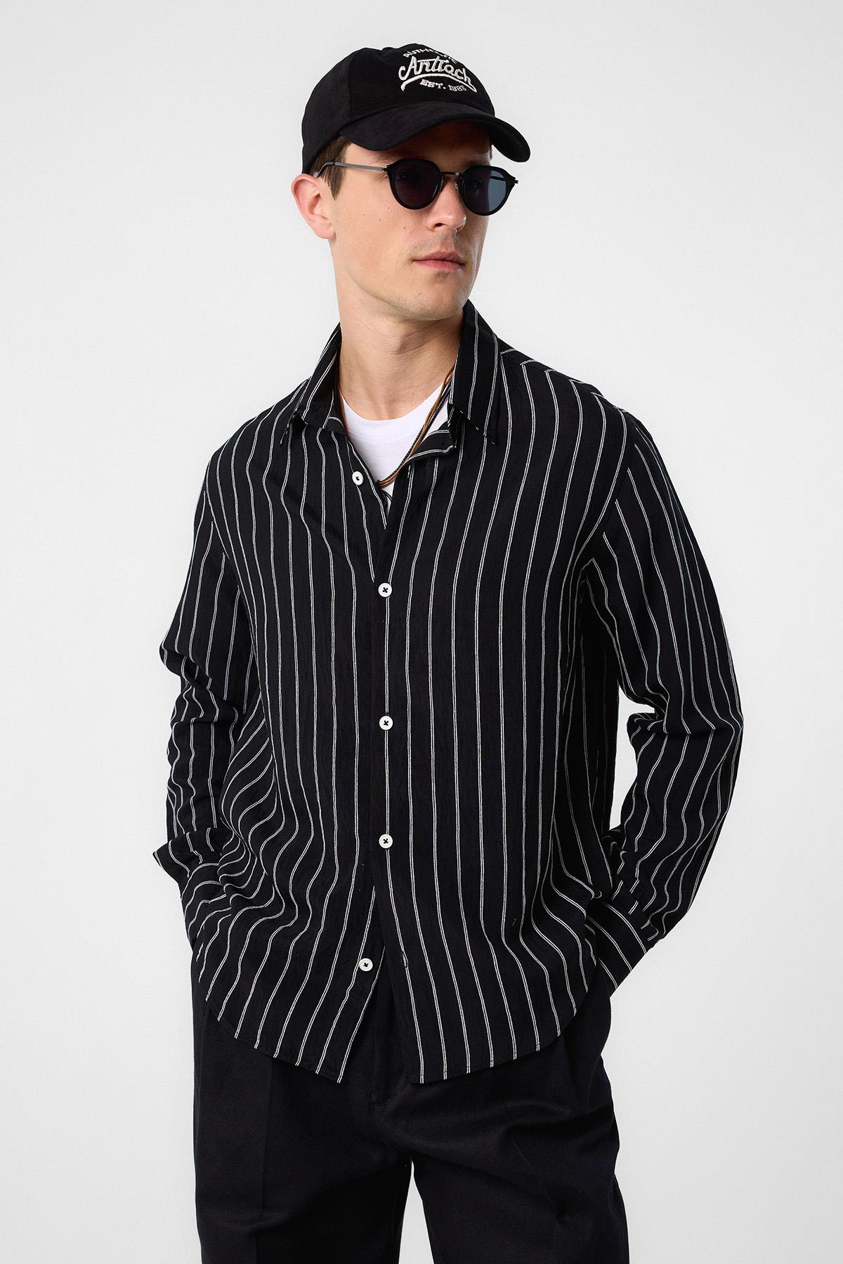 Antioch-Siyah Relax Fit Çizgili Erkek Gömlek-Gömlek-2-Milagron.com