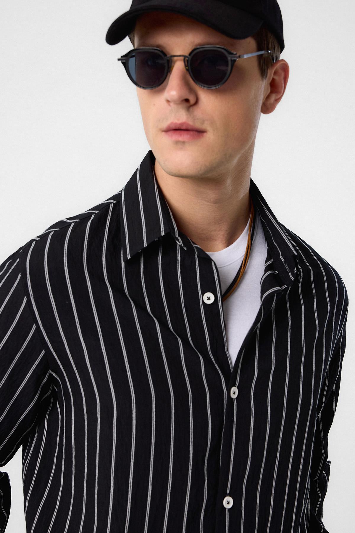 Antioch-Siyah Relax Fit Çizgili Erkek Gömlek-Gömlek-4-Milagron.com