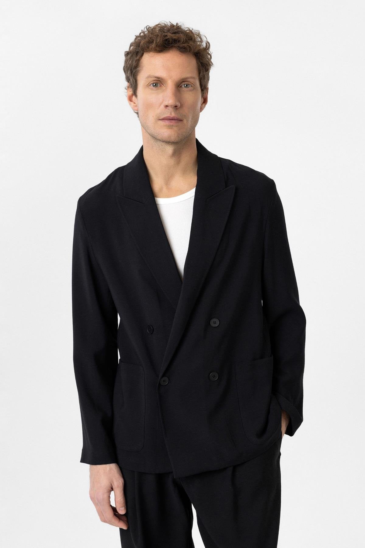 Antioch-Siyah Relax Fit Diagonel İnce Erkek Blazer Ceket-Blazer Ceket-1-Milagron.com