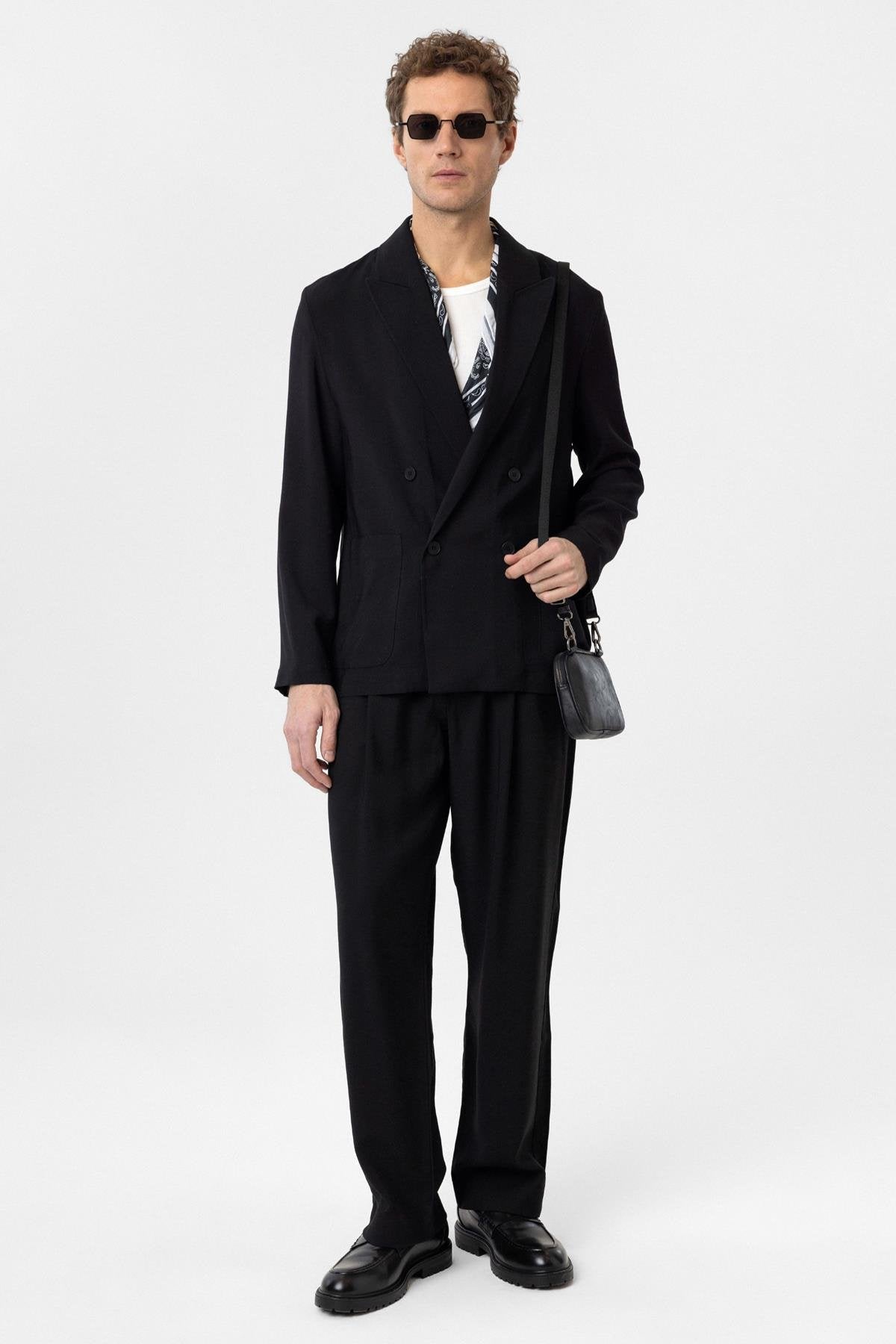 Antioch-Siyah Relax Fit Diagonel İnce Erkek Blazer Ceket-Blazer Ceket-3-Milagron.com