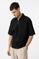 Antioch-Siyah Relax Fit Fermuarlı Polo Yaka Erkek T Shirt-T-Shirts-1-Milagron.com