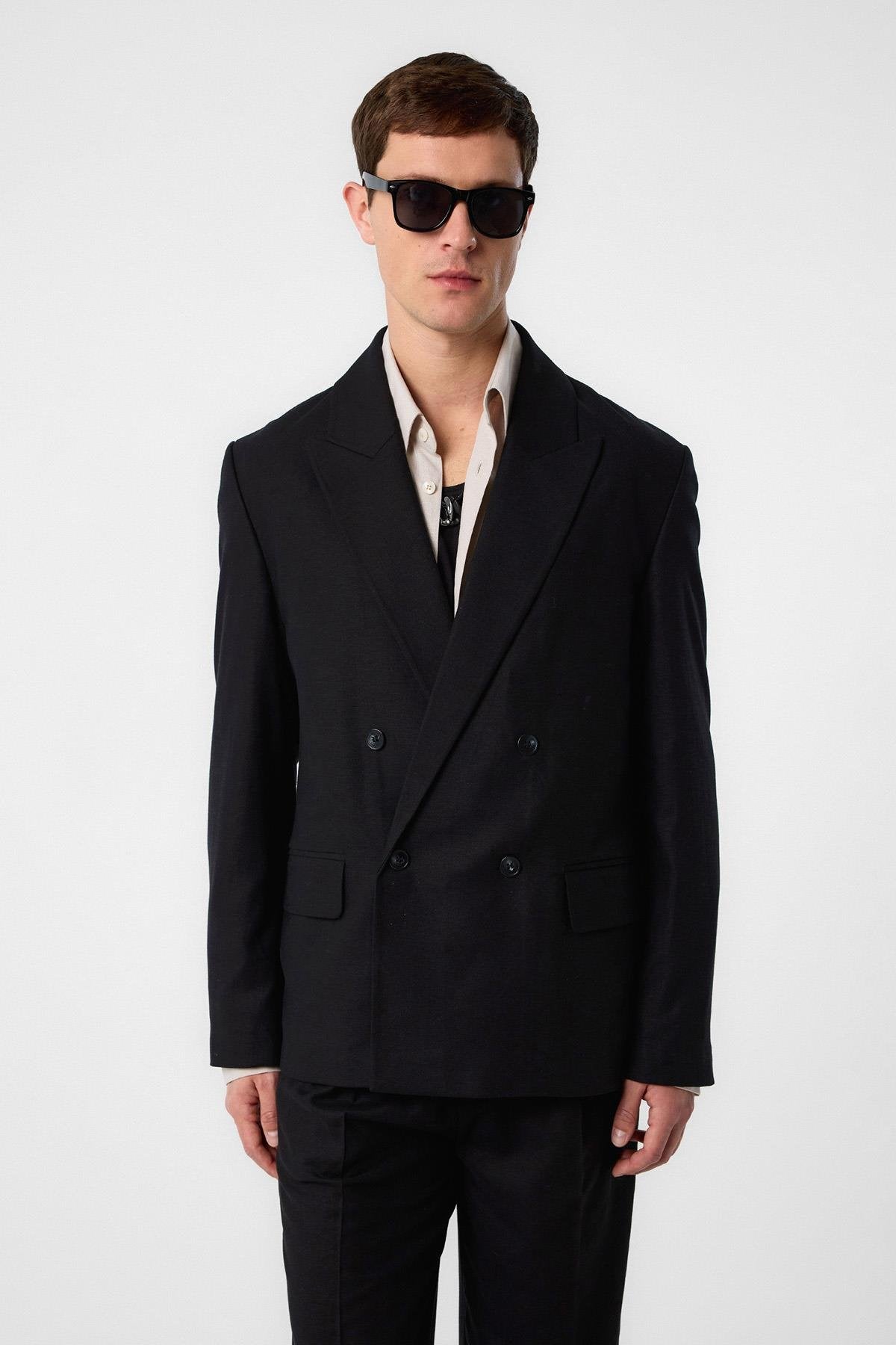 Antioch-Siyah Relax Fit Keten Karışımlı Erkek Blazer Ceket-Blazer Ceket-1-Milagron.com