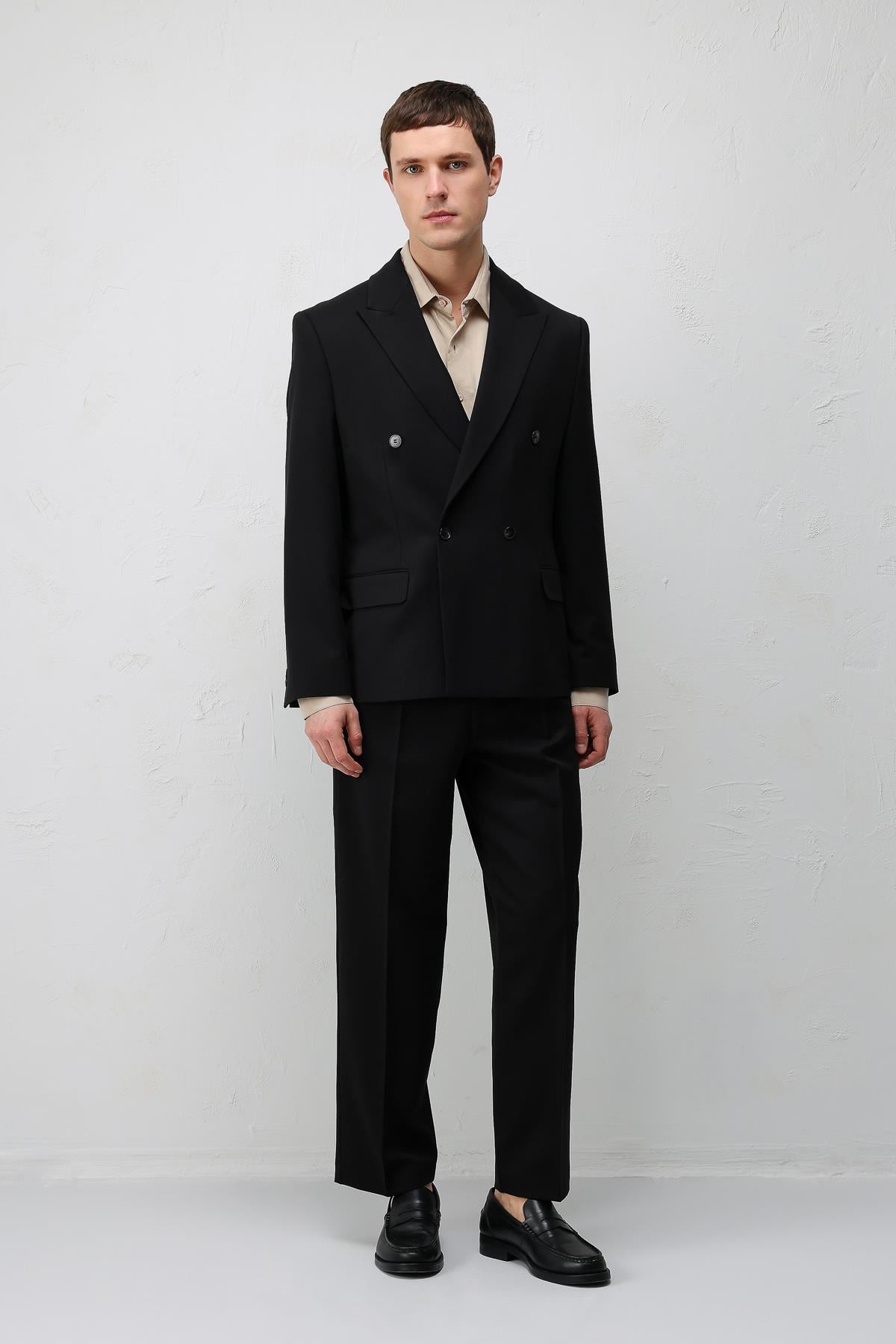 Antioch Siyah Relax Fit Kruvaze Erkek Blazer Ceket