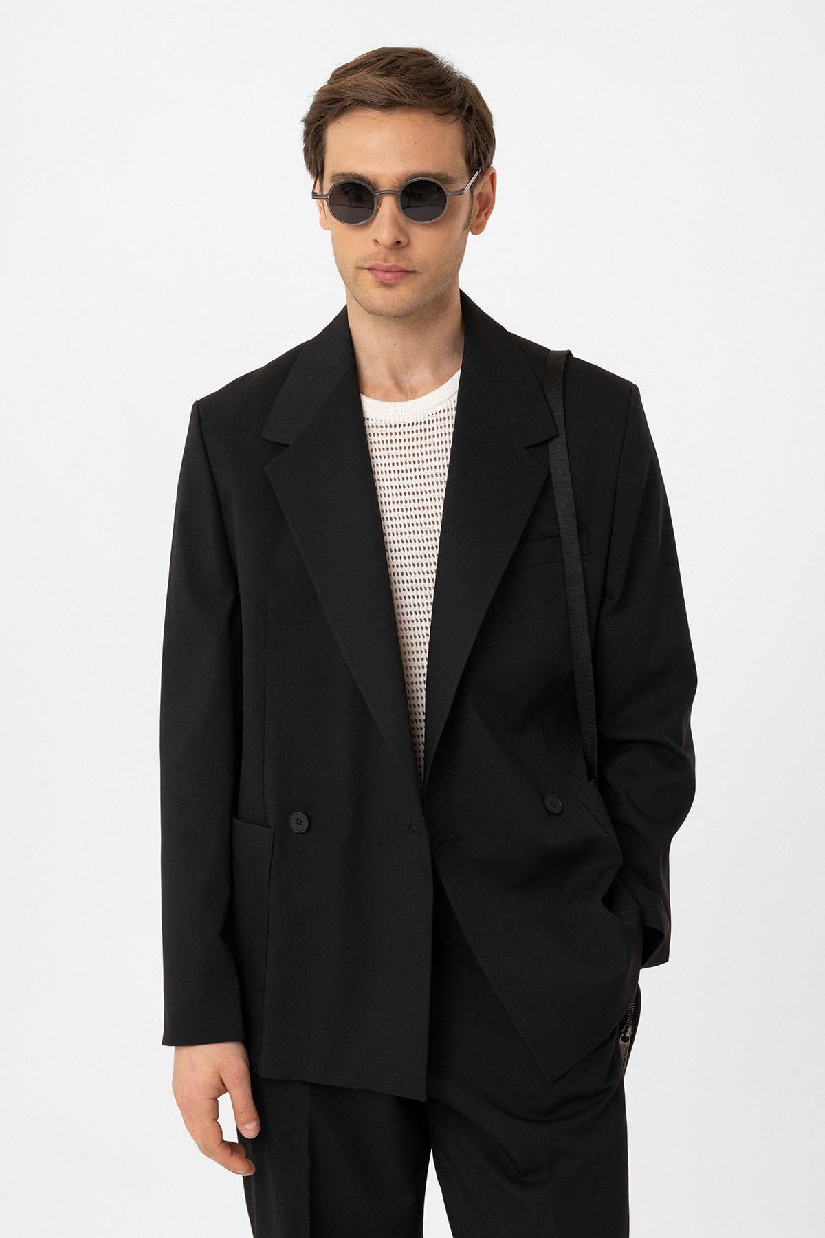Antioch Siyah Relax Fit Kruvaze Kapama Erkek Teknik Blazer Ceket