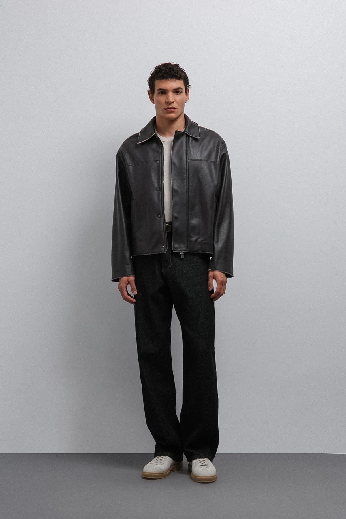 Antioch-Siyah Relax Fit Suni Deri Erkek Mont-Mont-3-Milagron.com