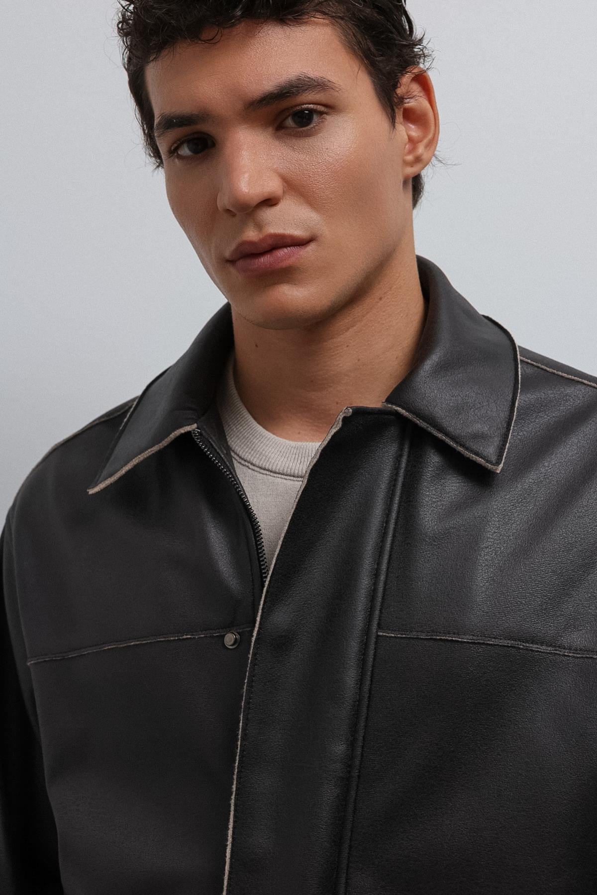 Antioch-Siyah Relax Fit Suni Deri Erkek Mont-Mont-4-Milagron.com