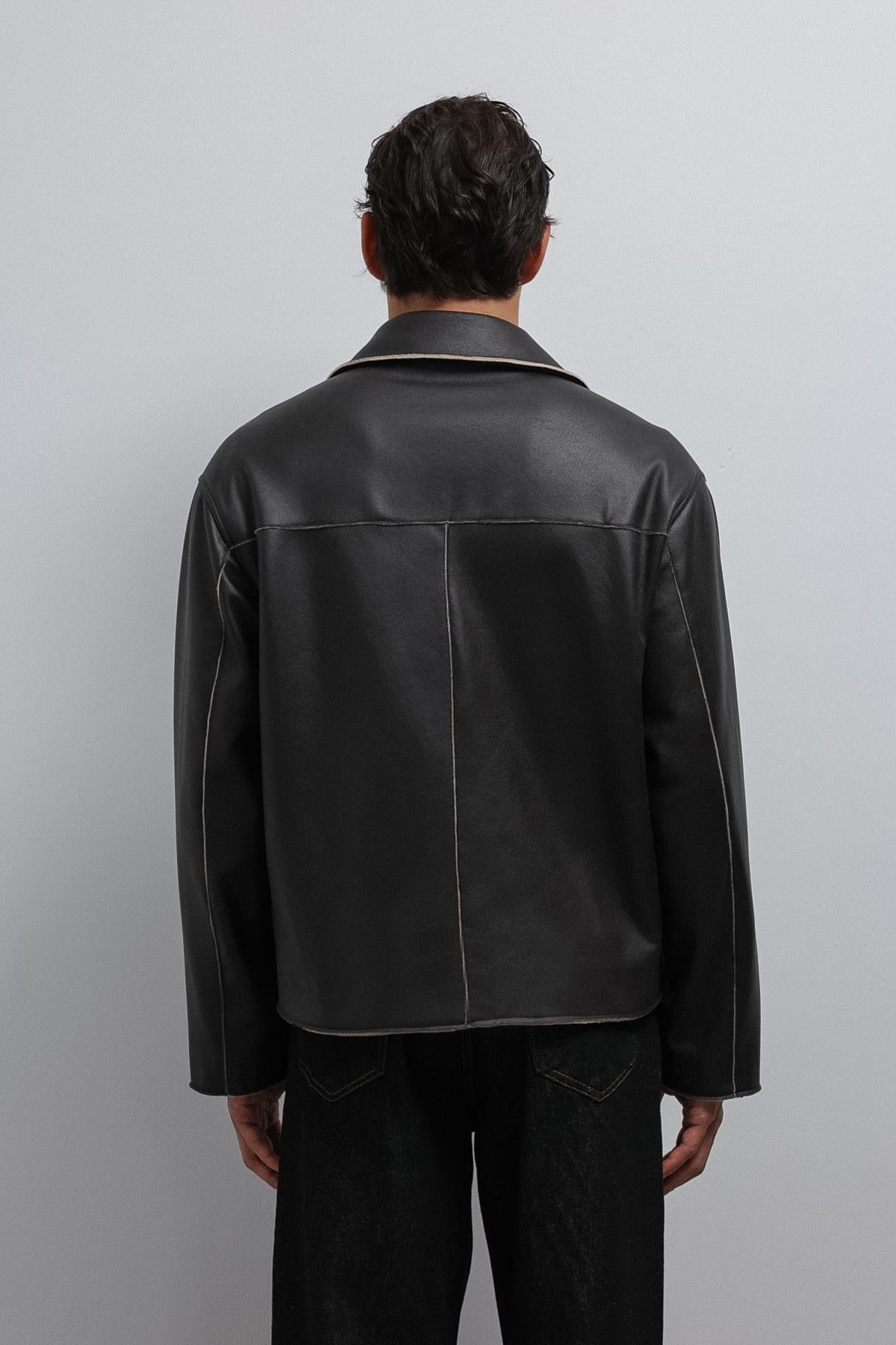 Antioch-Siyah Relax Fit Suni Deri Erkek Mont-Mont-5-Milagron.com