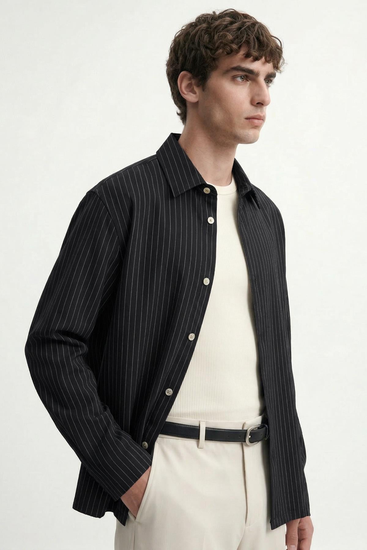 Antioch Siyah Relaxed Fit Çizgili Erkek Gömlek