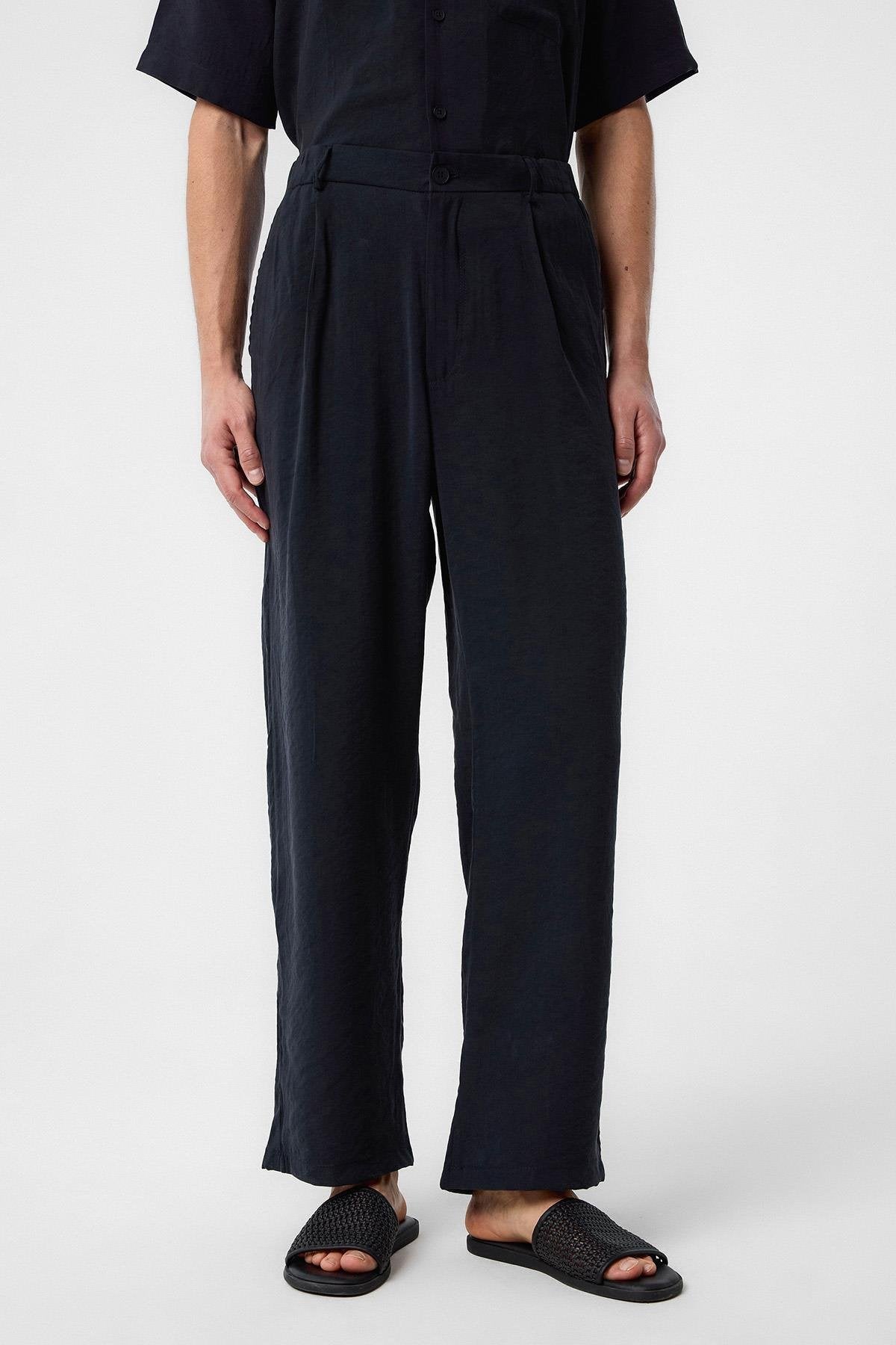 Antioch-Siyah Relaxed Modal Kumaş Yüksek Bel Erkek Pantolon-Kumaş Pantolon-1-Milagron.com