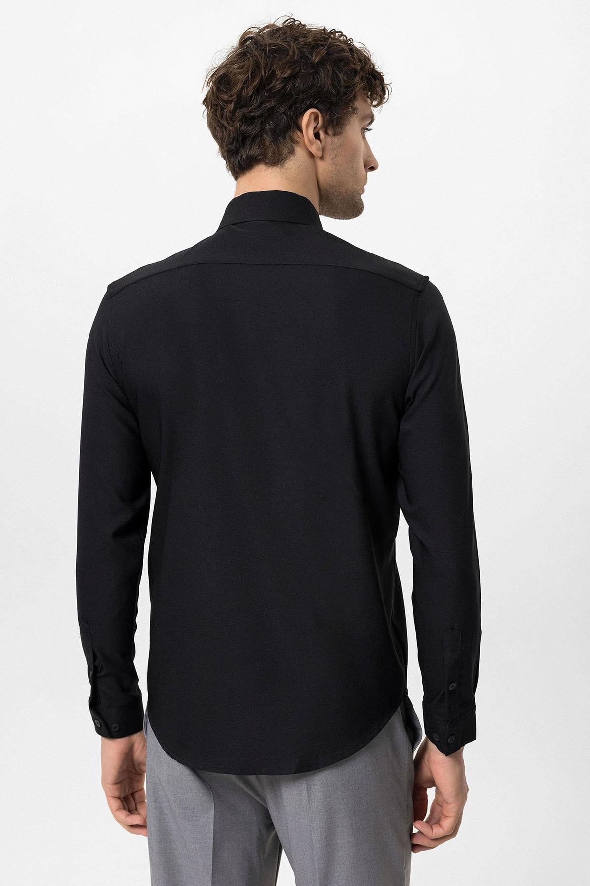 Antioch Siyah Slim Fit Erkek Uzun Kollu Geniş Yaka Gömlek