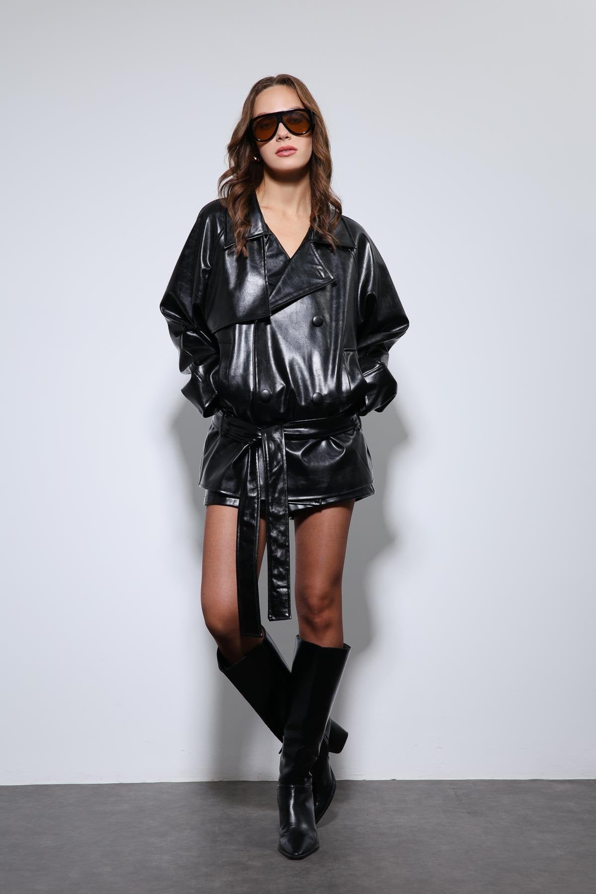 Antioch-Siyah Suni Deri Kemerli Trençkot-Trençkot-1-Milagron.com