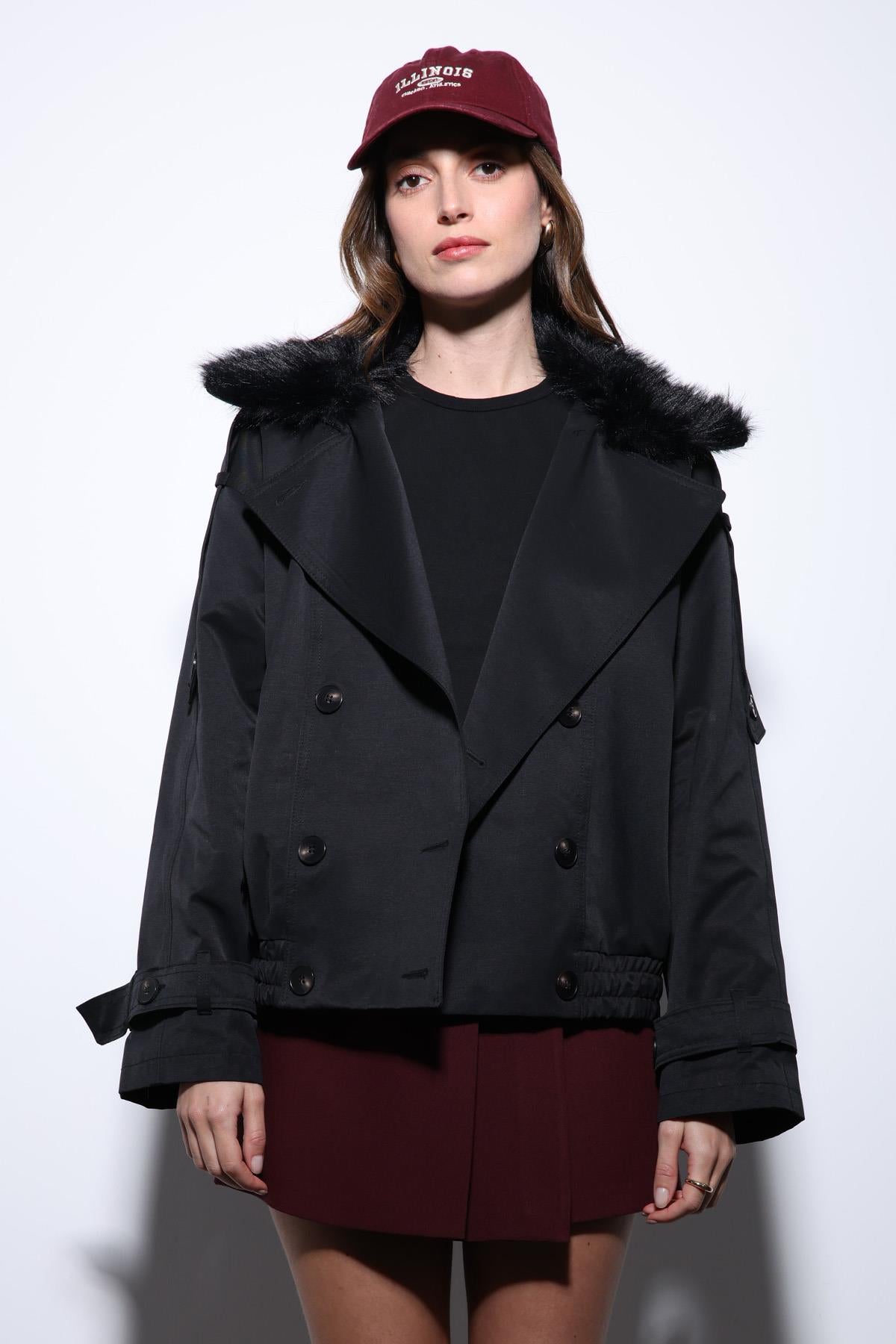 Antioch-Siyah Suni Kürklü Kısa Kadın Trençkot-Trençkot-5-Milagron.com