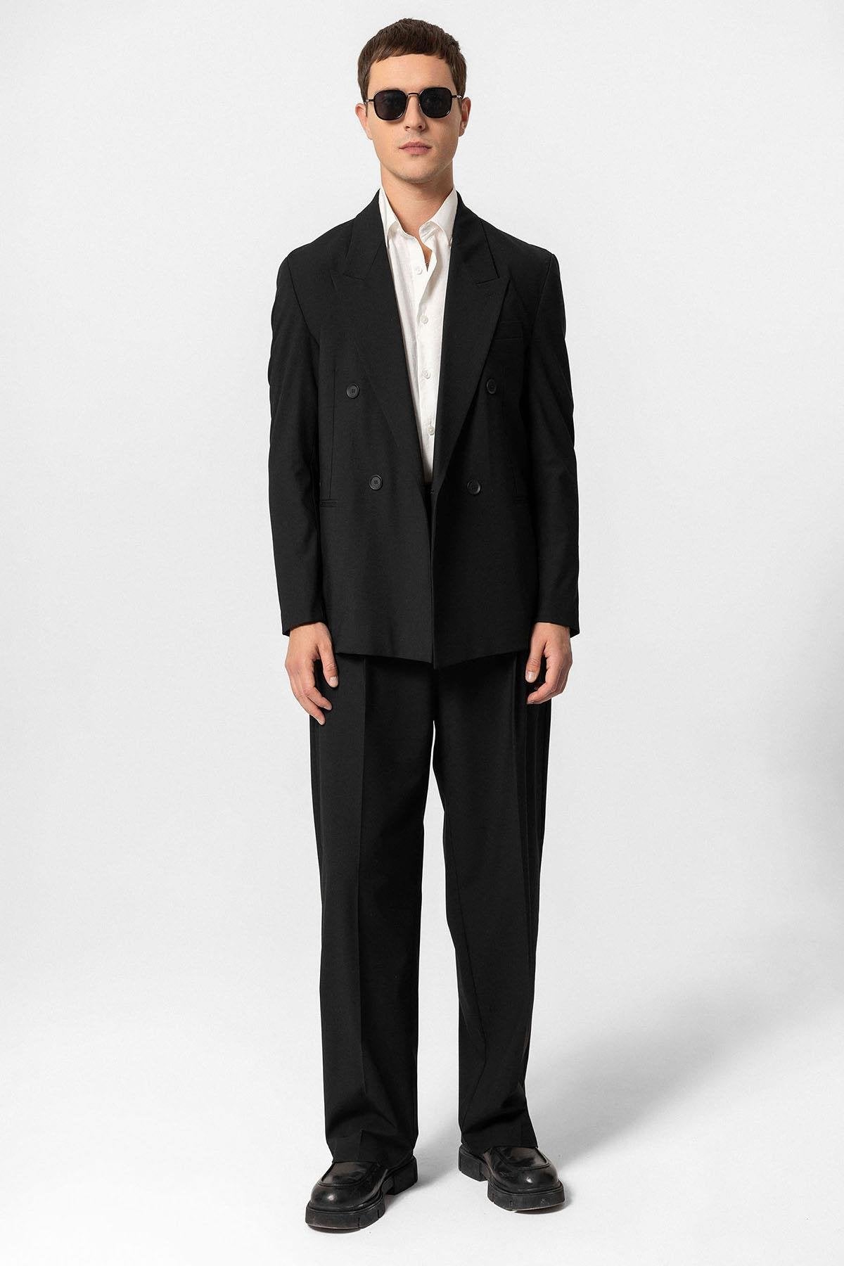 Antioch-Siyah Tek Düğme Kruvaze Erkek Blazer Ceket-Blazer Ceket-2-Milagron.com